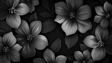 A monochromatic floral design featuring various flowers and leaves on a dark background.