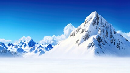 Obraz premium Majestic Snow-Covered Mountain Peak Captured in Elegant Studio Light with a Clear Blue Sky and Fluffy Clouds Creating a Breathtaking Winter Landscape