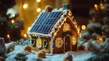 Gingerbread house with solar panel on the roof