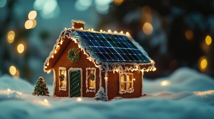Gingerbread house with solar panel on the roof