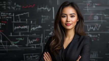 Businesswoman standing confidently at a chalkboard filled with complex financial equations, with parts of the board erased and re-written, symbolizing the process of trial and error before success. 