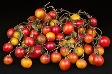A vibrant assortment of colorful tomatoes on their vines against a dark background.