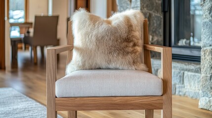 Cozy and Inviting Interior Scene Featuring a Modern Wooden Chair with a Soft Fur Pillow, Perfect for Enhancing Contemporary Home Decor Aesthetic