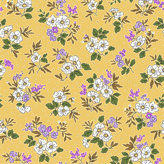 Seamless floral pattern. Cute bouquet of small white and pink flowers and green leaves. Light flowers on pale yellow background in trendy fashion vintage style. Stock vector for prints on surface.