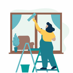 Fototapeta premium Vector illustration of a person painting a window at home 