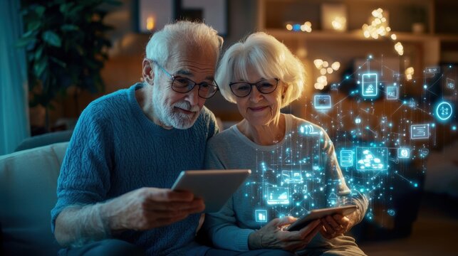 Cozy and Engaging Living Room Scene Featuring Seniors Using Tablets with Digital Icons Representing Technology and Connectivity for Aging Adults
