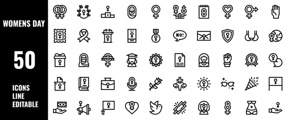 50 Women's Day Icons Set Pack Line Editable Vector Illustration