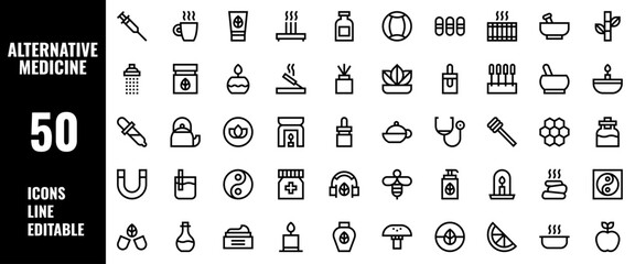 50 Alternative Medicine Icons Set Pack Line Editable Vector Illustration