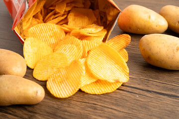 Potato chips , delicious BBQ seasoning spicy for crips, thin slice deep fried snack fast food.