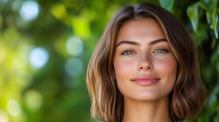 Fototapeta premium Radiant woman with flawless skin enjoying natural lighting in serene outdoor setting