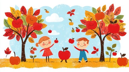 Fototapeta premium A cheerful autumn scene with two children picking apples under colorful trees, showcasing the joy of harvest and seasonal change.