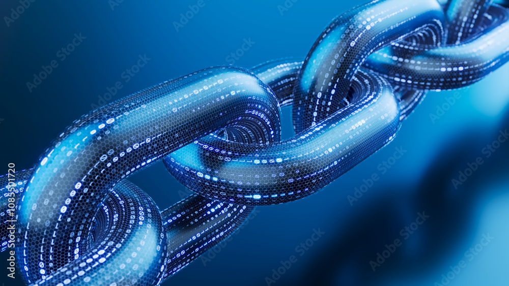 Wall mural blockchain concept - digital chain with binary code. 3d illustration