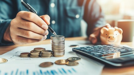 A person stacking coins symbolizes financial growth and investment with a piggy bank and calculator nearby, reflecting savings and economic planning.