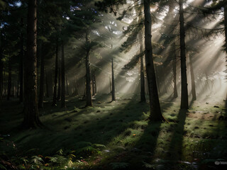 Fototapeta premium forest with thick fog and tall trees, where sunlight penetrates through the branches in the form of sharp light streaks. The shadows of the fog add a dramatic touch to the whole scene