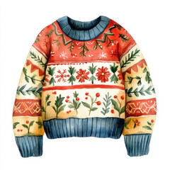 Watercolor illustration of colorful Christmas sweater with floral patterns and festive designs, perfect for holiday cheer