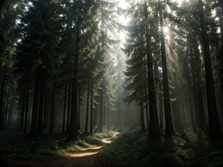 Fototapeta premium forest with thick fog and tall trees, where sunlight penetrates through the branches in the form of sharp light streaks. The shadows of the fog add a dramatic touch to the whole scene