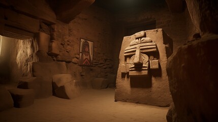 ancient cultural stone statue in a historical site, space on the left side, Hard Lightgenerative ai illustration