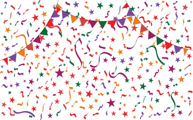 Confetti falling background. Birthday, weeding anniversary, Party, event, festive firework. Multicolored Carnival confetti on white background.
