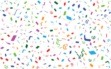 Confetti falling background. Birthday, weeding anniversary, Party, event, festive firework. Multicolored Carnival confetti on white background.