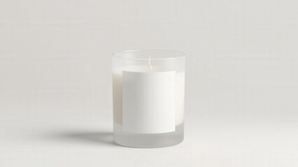 Minimalist mockup candle showcasing a frosted glass jar with a blank label, ideal for logo and branding presentations.