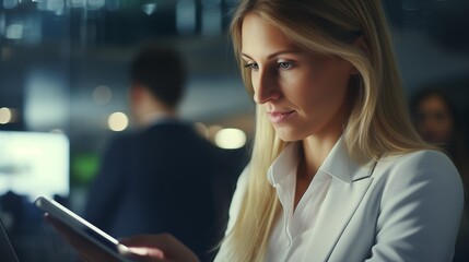 Obraz premium businesswoman analyzing financial data on a tablet in a bright office, space on the left side, Ambient Light,generative ai illustration