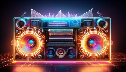 a digital rendering of a boombox with neon wireframes highlighting its shape and glowing speakers