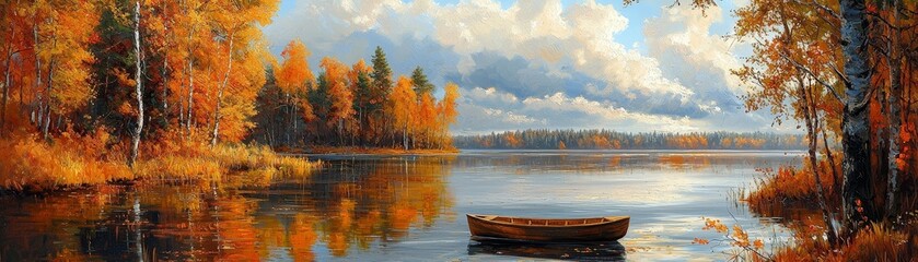A serene autumn landscape featuring a calm lake surrounded by vibrant fall foliage and a small boat, under a beautifully cloudy sky.