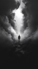 Fototapeta premium Mysterious Silhouetted Figure in a Dramatic Misty Landscape Surrounded by Swirling Clouds and Ethereal Atmosphere