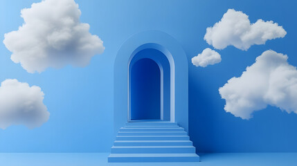 Obraz premium 3d render, abstract blue background. White clouds flying inside the blue room with arch portal and steps. Minimalist wallpaper