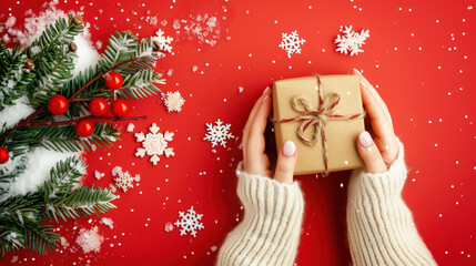 womans hands holding christmas gift