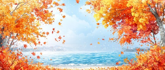 A vibrant autumn landscape featuring colorful trees with orange and red leaves overlooking a serene body of water under a bright sky.