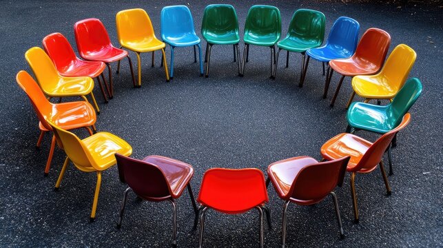 Colorful Plastic Chairs Arranged in a Circular Pattern on a Playground Surface Ideal for Group Activities and Outdoor Gatherings