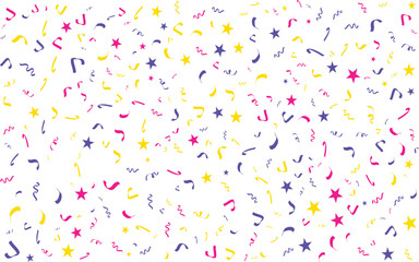 Confetti falling background. Birthday, weeding anniversary, Party, event, festive firework. Multicolored Carnival confetti on white background.