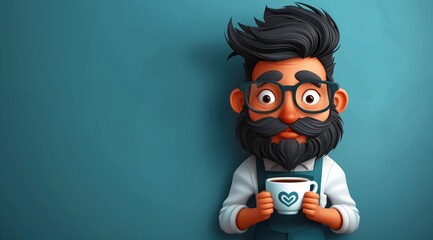 Cartoon man with beard holding coffee cup.