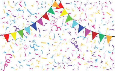 Confetti falling background. Birthday, weeding anniversary, Party, event, festive firework. Multicolored Carnival confetti on white background.