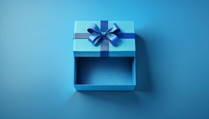 blank open blue gift box with blue bottom inside or top view of opened blue present box with blue ribbon and bow isolated on blue background with shadow minimal concept 3d rendering