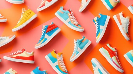 Colorful Collection of Various Stylish Sneakers Displayed on Bright Geometric Backgrounds for Fashion, Sports, or Lifestyle Themes