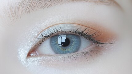 Fototapeta premium Close-up View of Beautiful Blue Eye with Soft Makeup and Delicate Lashes Reflecting Natural Light in a Serene and Elegant Setting