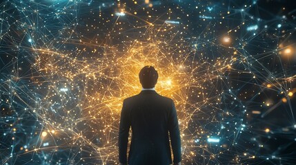 Businessman Surrounded by Glowing Data Streams as Algorithms Monitor Transactions for Fraud Detection