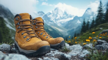 Hiking boots on rocky terrain with mountains behind.