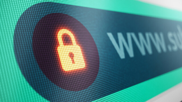 Closeup on LCD screen with focus on www padlock. Internet security cybersecurity concept. 3d illustration