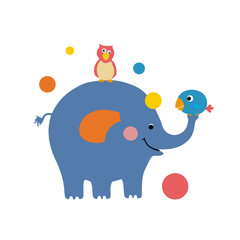 Cute cartoon elephant playing ball with birds