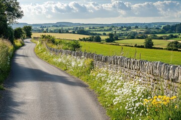 A picturesque stone fence lining a winding country road, with wildflowers blooming along the edges and rolling fields in the distance, evoking a timeless and serene rural charm.