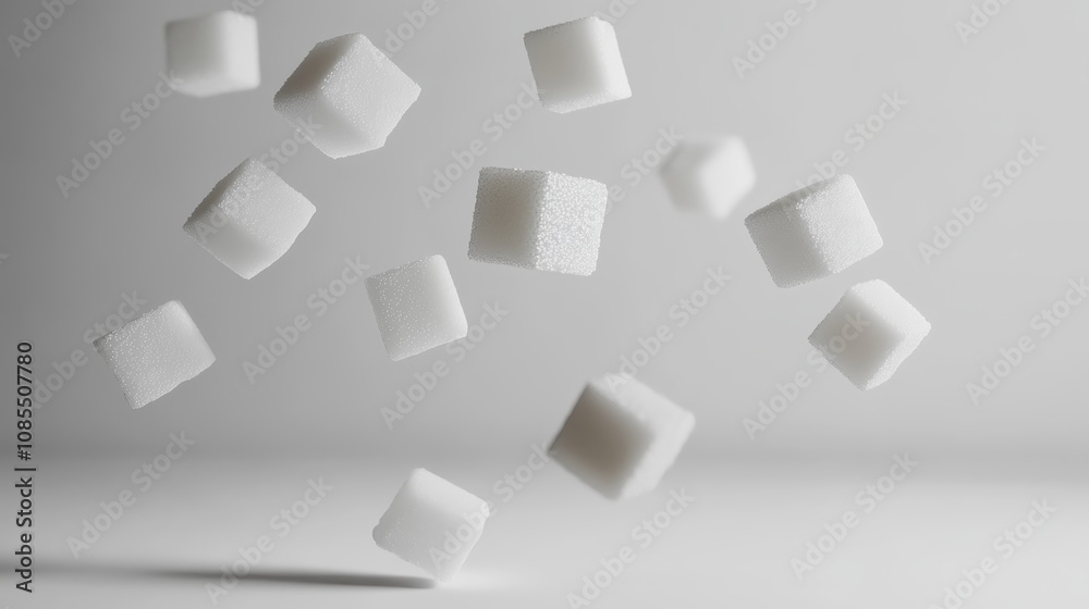 Poster falling white sugar cubes on light grey background represent sugar reduction and health risks of exc