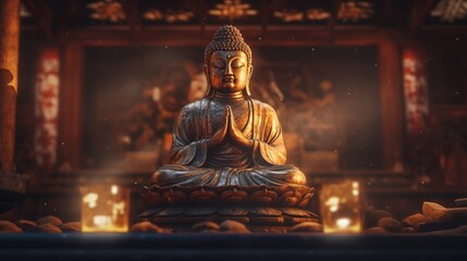 Fototapeta premium religious statue in a temple lit by soft light, space on the left side, Soft Natural Light,generative ai illustration