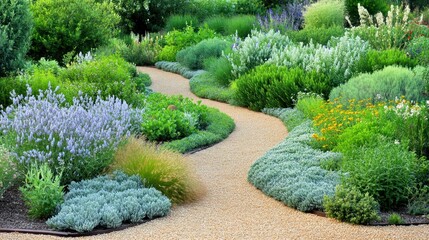 A winding path through a lush garden filled with various plants and flowers.