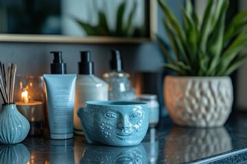 A serene bathroom shelf with skincare products.