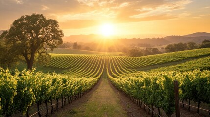 Fototapeta premium Vineyard at Sunset with Golden Light