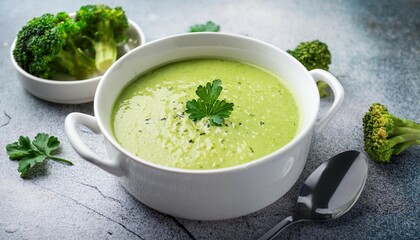 homemade broccoli cream soup with fresh green parsley in white bowl on stone table top view healthy vegan dish