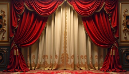 Grand vintage floral curtains with rich red drapery and golden accents in a luxurious setting